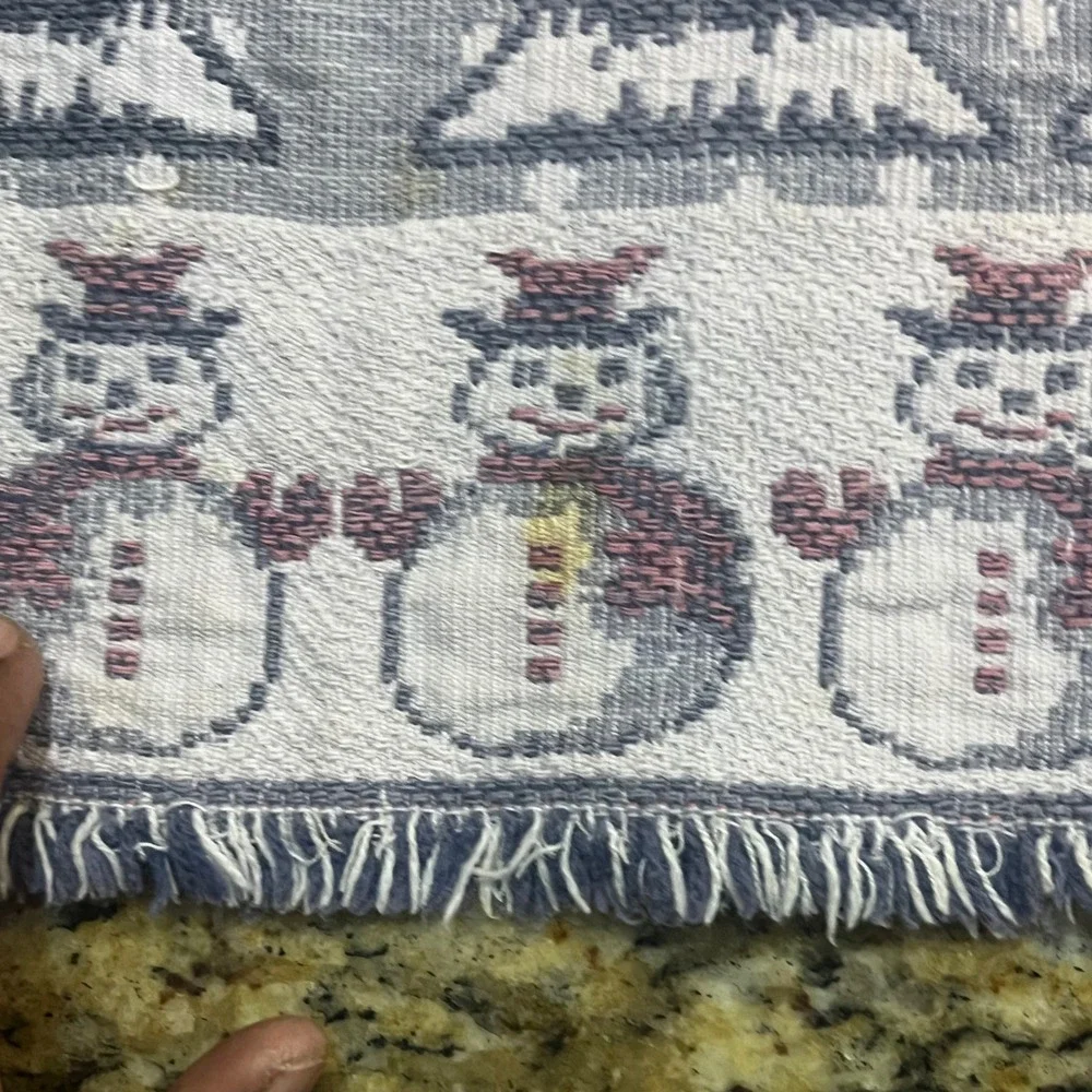 Vintage‎ Snowman Christmas Tree Woven Tapestry Table Runner Fringed Blue 61